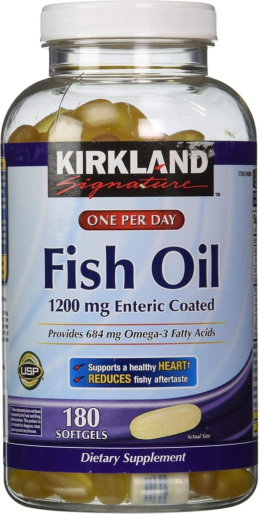 Kirkland Signature Enteric Coated Fish Oil Omega 3 1200 MG Fish Oil, 684 MG av Omega 3 Fatty Acids, 180 mjukgels