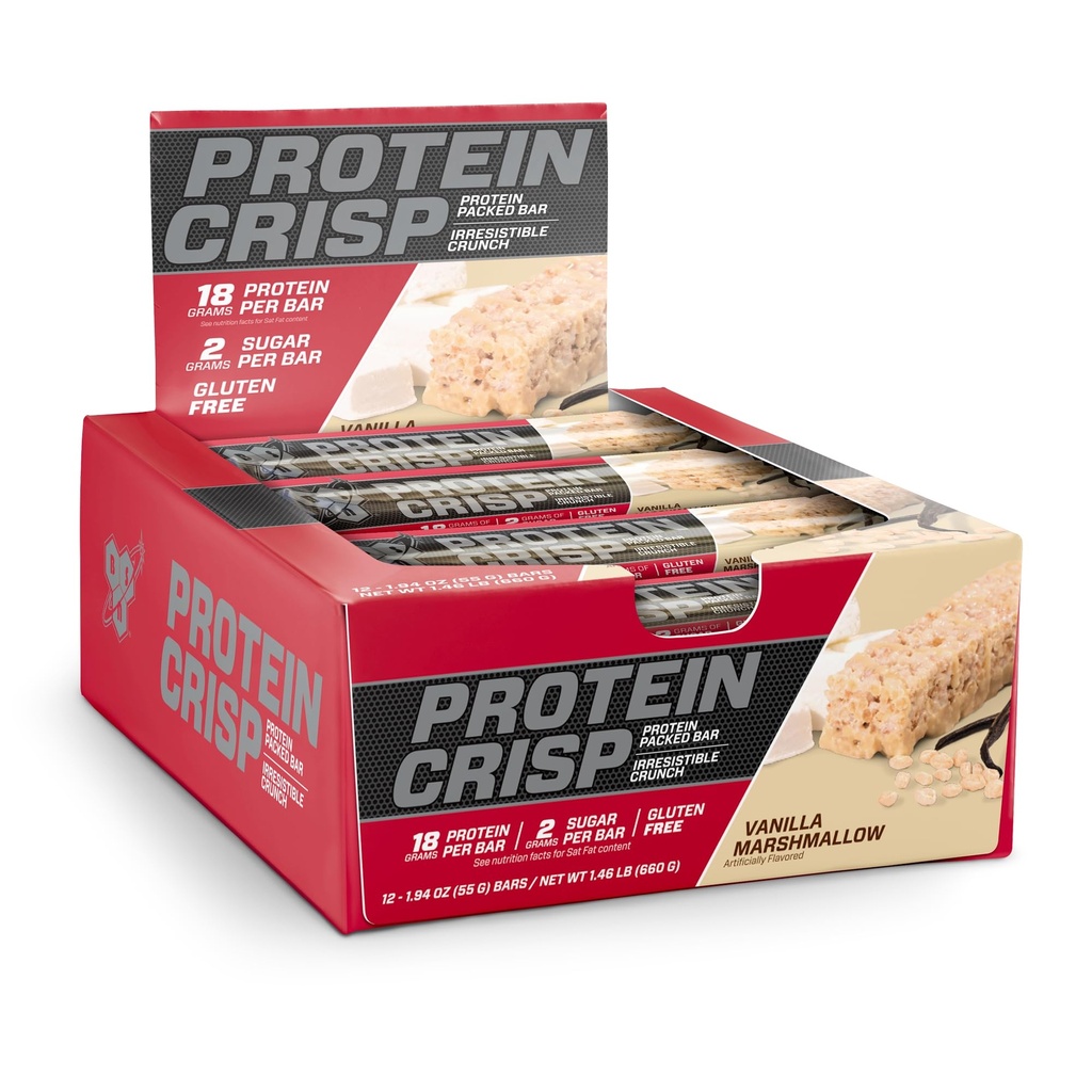BSN Protein Bars - Protein Crisp Bar av Syntha-6, Whey Protein, 20g Protein, Gluten Free, Low Sugar, Vanilla Marshmallow, 12 Count