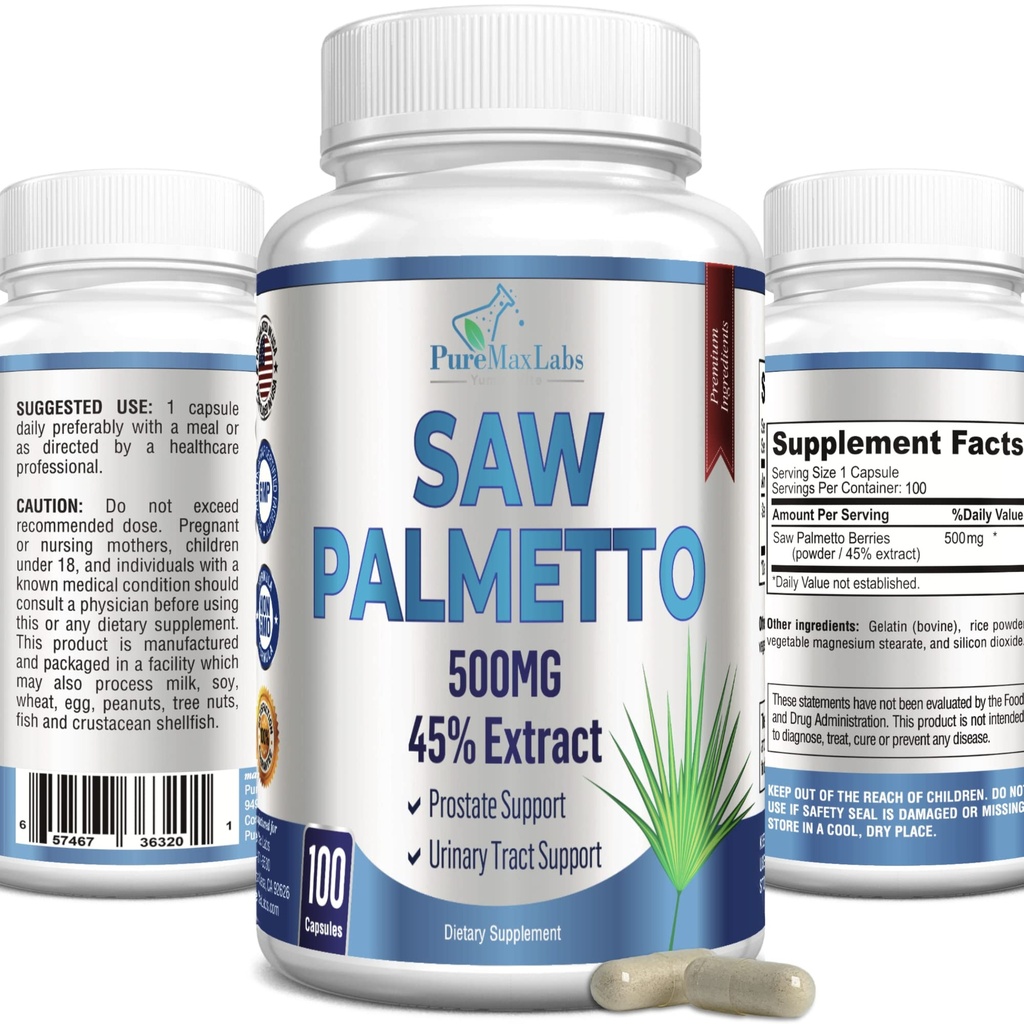Extra Strength Saw Palmetto - 45% extrakt Prostate Supplement, Minska frekvent urinering, DHT Blocker för hårväxt, icke-GMO, 100 kapslar