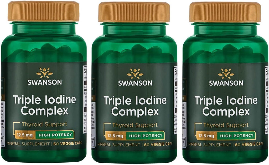 Swanson Triple Iodine Complex-Natural Supplement för Vital Thyroid Support-Promotes Metabolic Function, Ökad Red Blood Cell Production, & Heart Health-(60 Veggie Capsules, 12,5 mg Varje) (3 Pack)