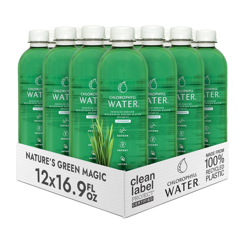 Chlorophyll Water - Liquid Chlorophyll 12-Pack (16.9oz) | Vitamin A, B12, C, D | Detox Cleanse, Alkaline Water, Energy Boost | Vitamin Water | Plant-Based | Clean Label Project | Hydration Support