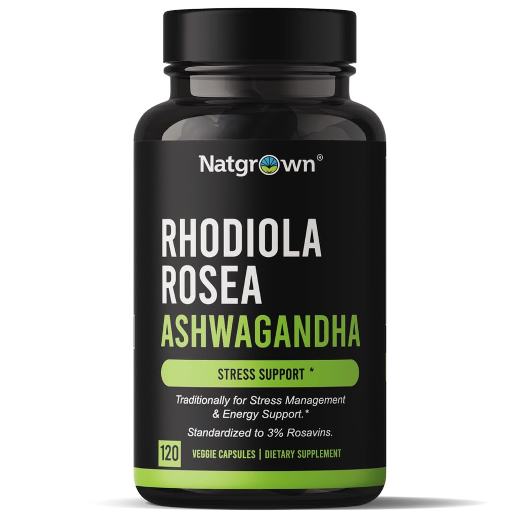 Natgrown Rhodiola Rosea med Ashwagandha Root Extract Capsules - Standardiserad till 3% Rosavins och 1% Salidroside - 120 Count