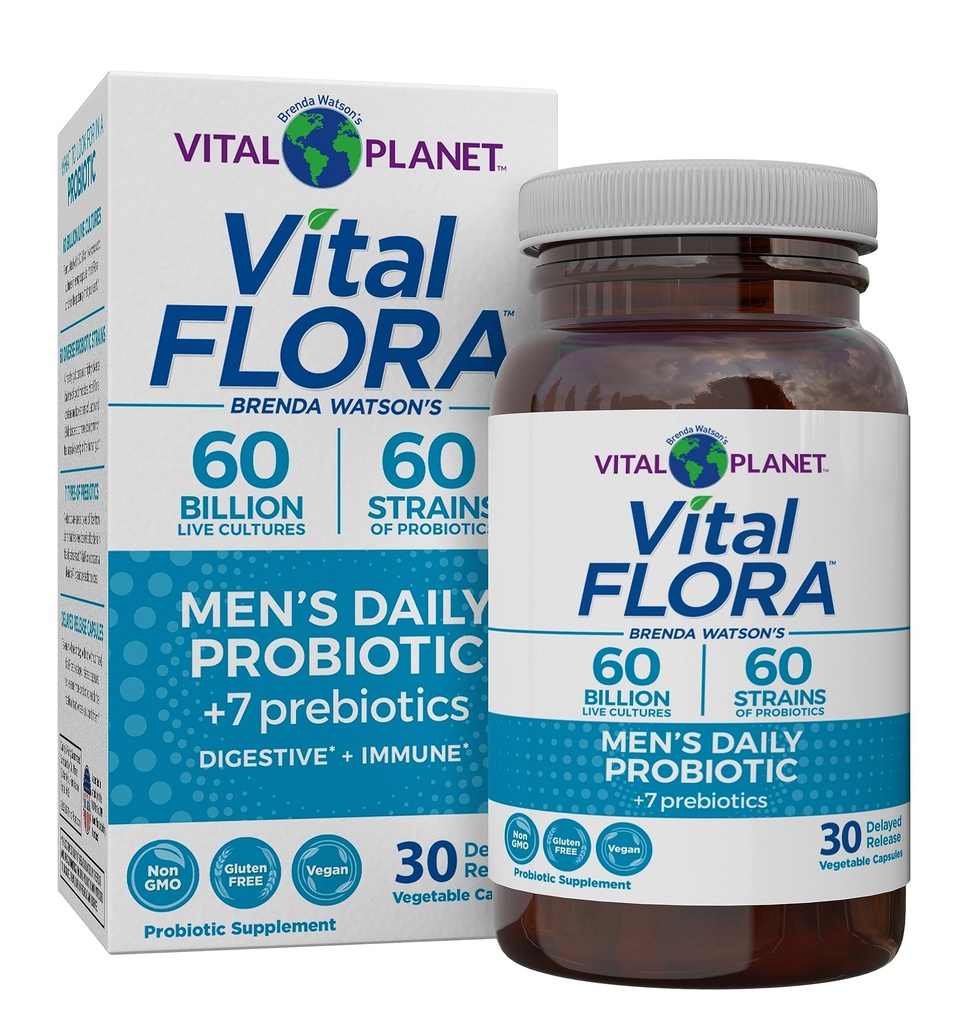 Vital Planet - Vital Flora Mäns Daily Probiotic, 60 miljarder CFU, 60 Diverse Strains, 7 Organiska Prebiotika, Immune Support, Gas Relief, Colon och Digestive Health Probiotics för Män 30 kapslar