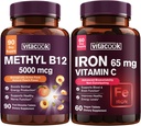 Järn och vitamin B12 Bundle, 5000 mcg B12, Zero Sugar, Carbonyl Iron med vitamin C, Gentle på magen