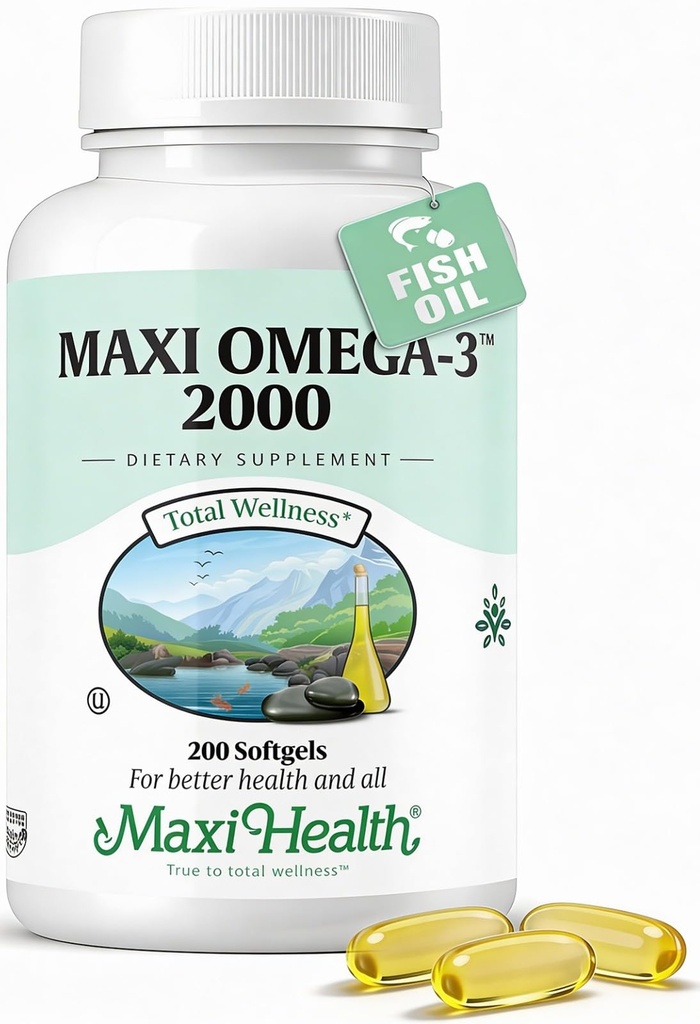 Omega 3 Supplement - Omega-3 Fish Oil 2000mg - Natural Source of EPA & DHA - Hjärta, Hjärna och Gemensam Hälsa - Kosher Certified Wild fångade Marine Fish - 200 Vegetariska Softgels av Maxi Health