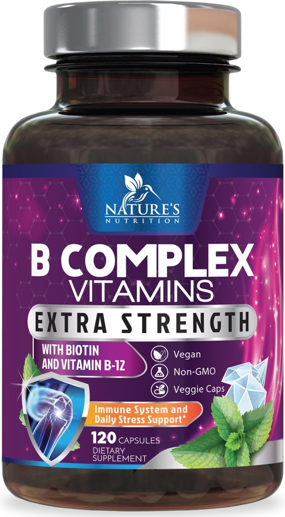 B Complex Vitamins Capsules - Super Complete B-100 Complex med vitamin B12 B6 C Biotin Folate & Folic Acid för Immune & Energy Support - Tillägg för Hjärta, Hjärna och Nerve Support - 120 kapslar