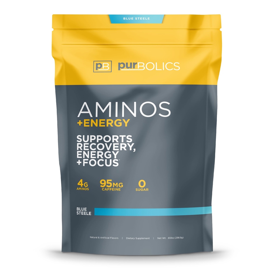 Purbolics Aminos + Energy | Stöder återhämtning, energi och fokus | 95mg koffein, 0 kalorier och 60 portioner (Blue Steele)