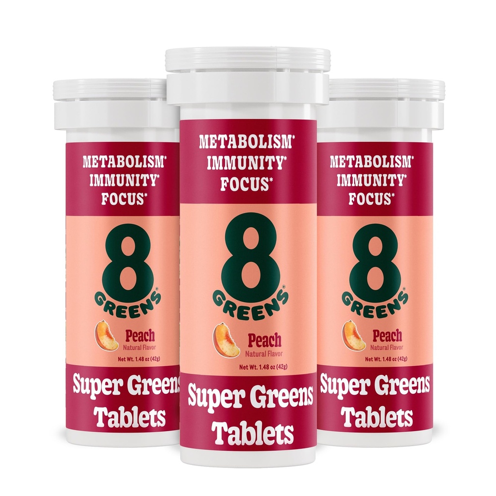 8Greens Supergreens tabletter | Super Greens Powder Superfood Tablet, Metabolism Immunity & Focus, Daily Greens Effervescent Tablets, Organic: Aloe Vera, Spirulina, Chlorella, Peach, 30 portioner