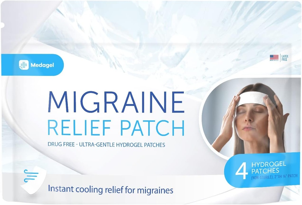 Migraine Relief Patch, Cooling Patches för Migraine, Fever, Hormone, & Headaches, Mess & Odor-Free Hydrogel Cooling, Made in the USA, 1 Pack (4 x Patches) Vit vit