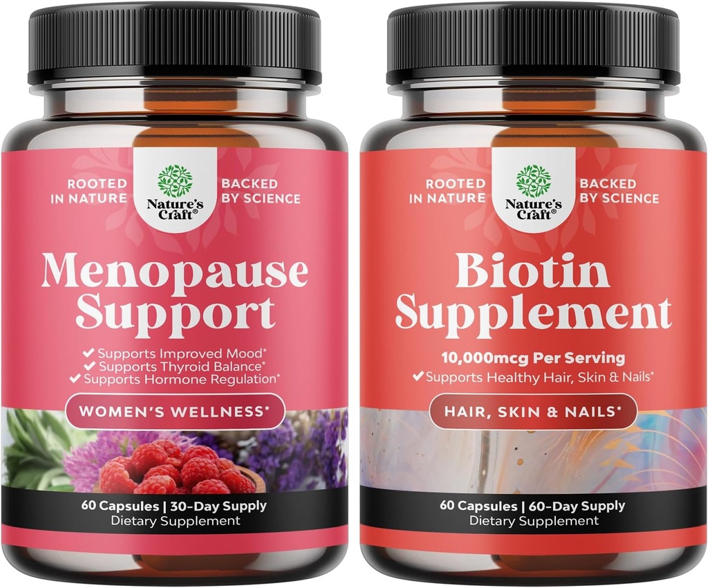 Bundle of Herbal Menopause Supplement för kvinnor och 10000 mcg Rena Biotin piller för kvinnor och män - Perfekt för östrogenbalans - Sluta håravfall tunn naturligt tillskott