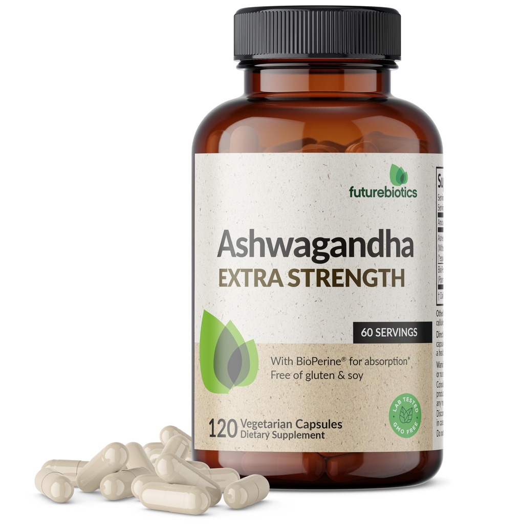 Futurebiotics Ashwagandha Extra Stress & Mood Support med BioPerine - Non GMO Formel, 120 Vegetariska kapslar