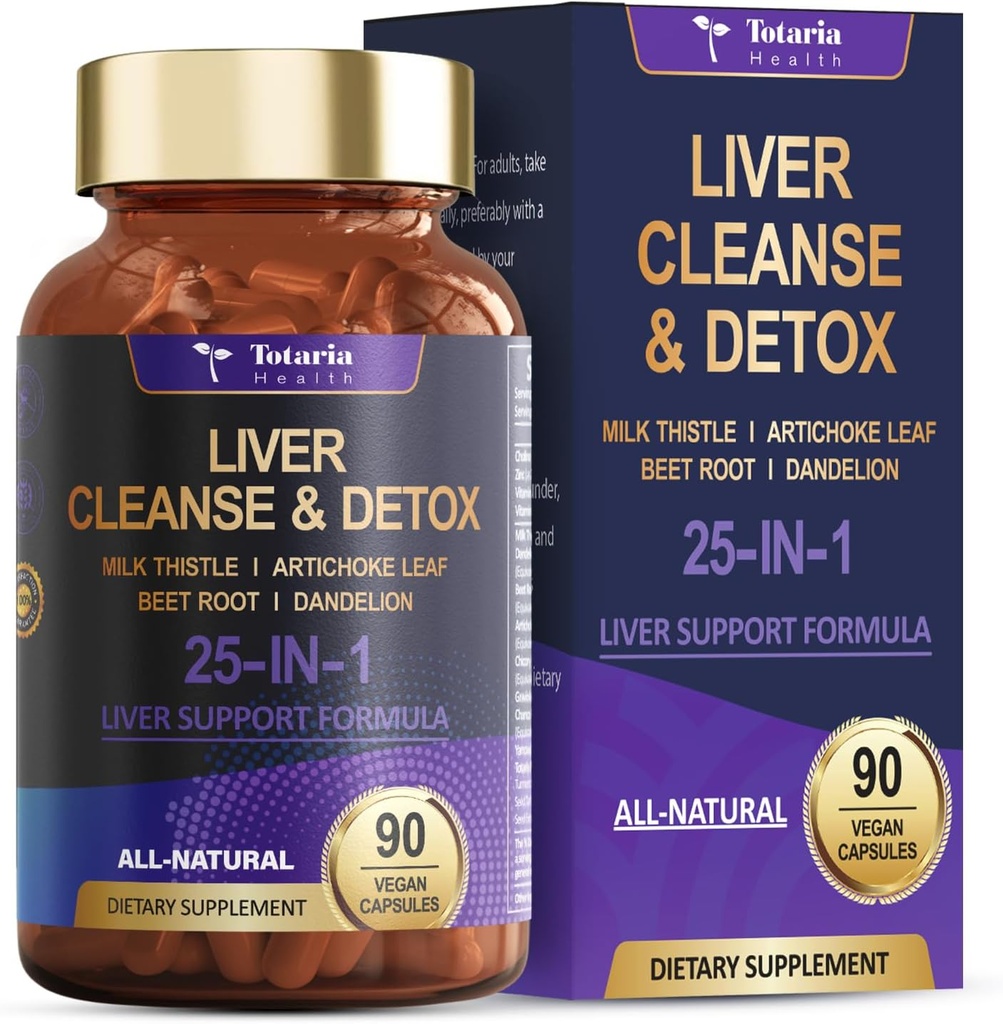 Liver Cleanse Detox & Repair 25-i-1 med mjölk Thistle,Dandelion Root, Betroot, Artichoke Extract för Liver Health Herb Liver Support Supplement Vitamins Zinc, Choline 90 Vegan Capsules