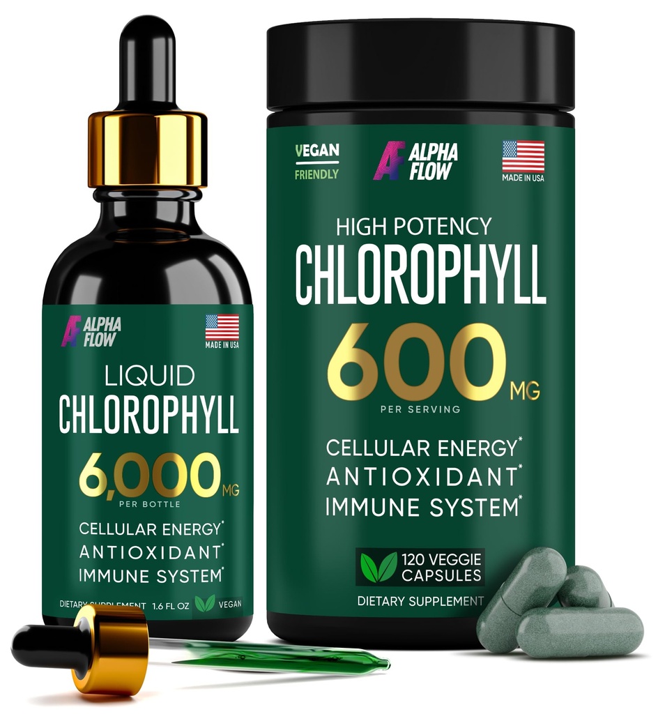 (Bundle) flytande klorofylldroppar och klorofyllkapslar - naturlig energi, immunstöd, inre färskhet och antioxidanttillskott