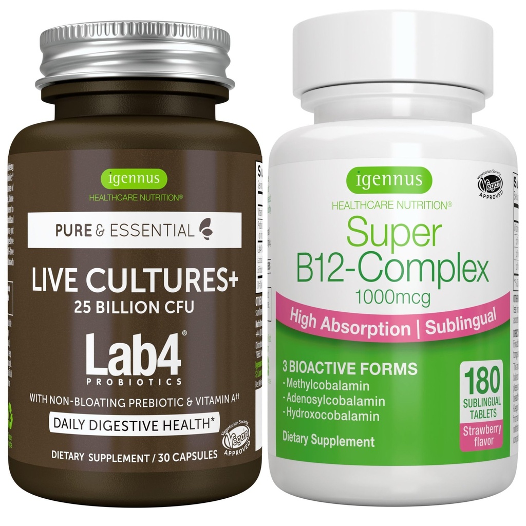 Levande kulturer+ Lab4 Probiotics + Super B12-Complex, Vegan Bundle, 25 miljarder CFU Lactobacillus Acidophilus och Bifidobacterium + High Absorption Sublingual B12, av Igennus