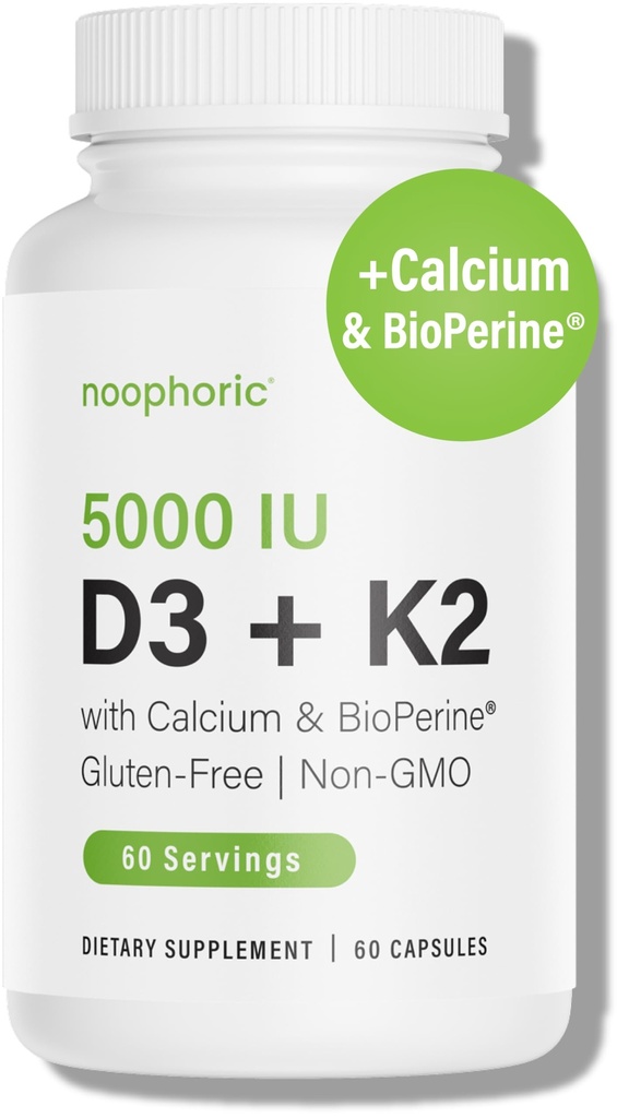 Noophoric D3 K2 Vitamin 5000 IE - Vitamin K2 100 mcg MK7, Calcium, BioPerine - Bone Health & Immune Support Supplement - Gluten-Free, Non-GMO - Vitamin D3 K2 Supplement (60 portioner)