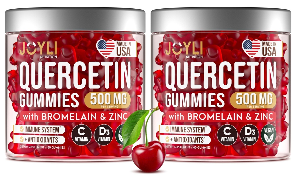 2 Pack - JOYLI Quercetin Gummies med Bromelain, Zink, Vitamin C & D3 - Sugar-Free Quercetin Supplement för Immune Support & Seasonal Wellness - 500mg Quercetin för barn & vuxna - 60 Gummies per Pack