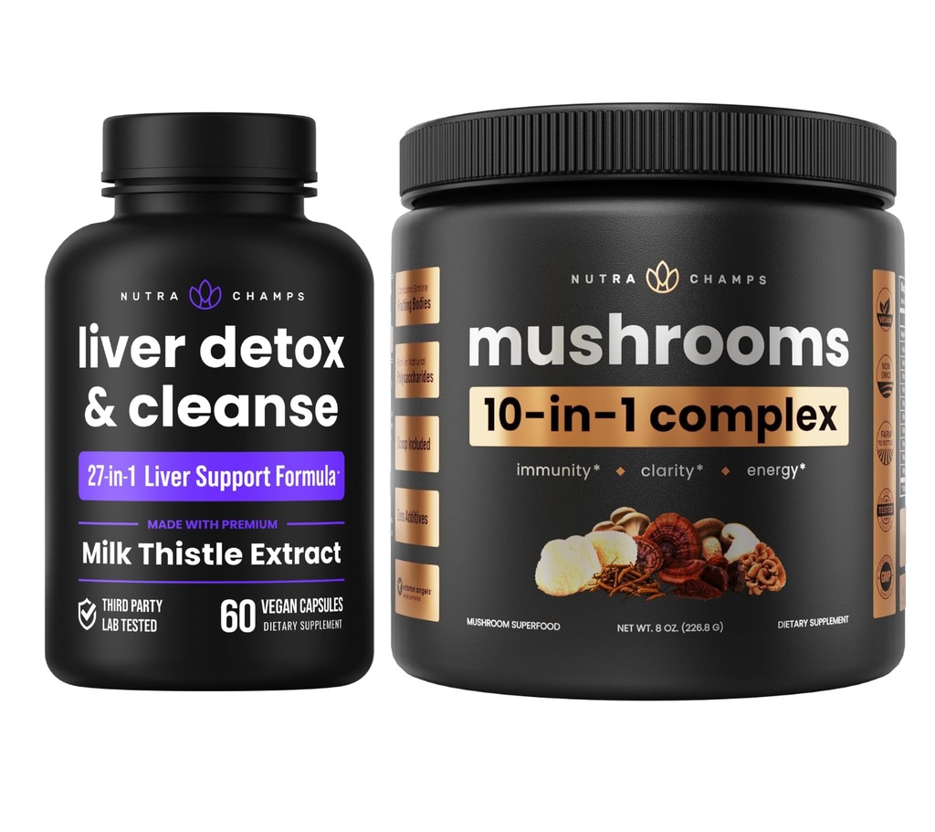 NutraChamps Liver Detox & Mushroom Powder - Kognition, Detox & Immunity Bundle