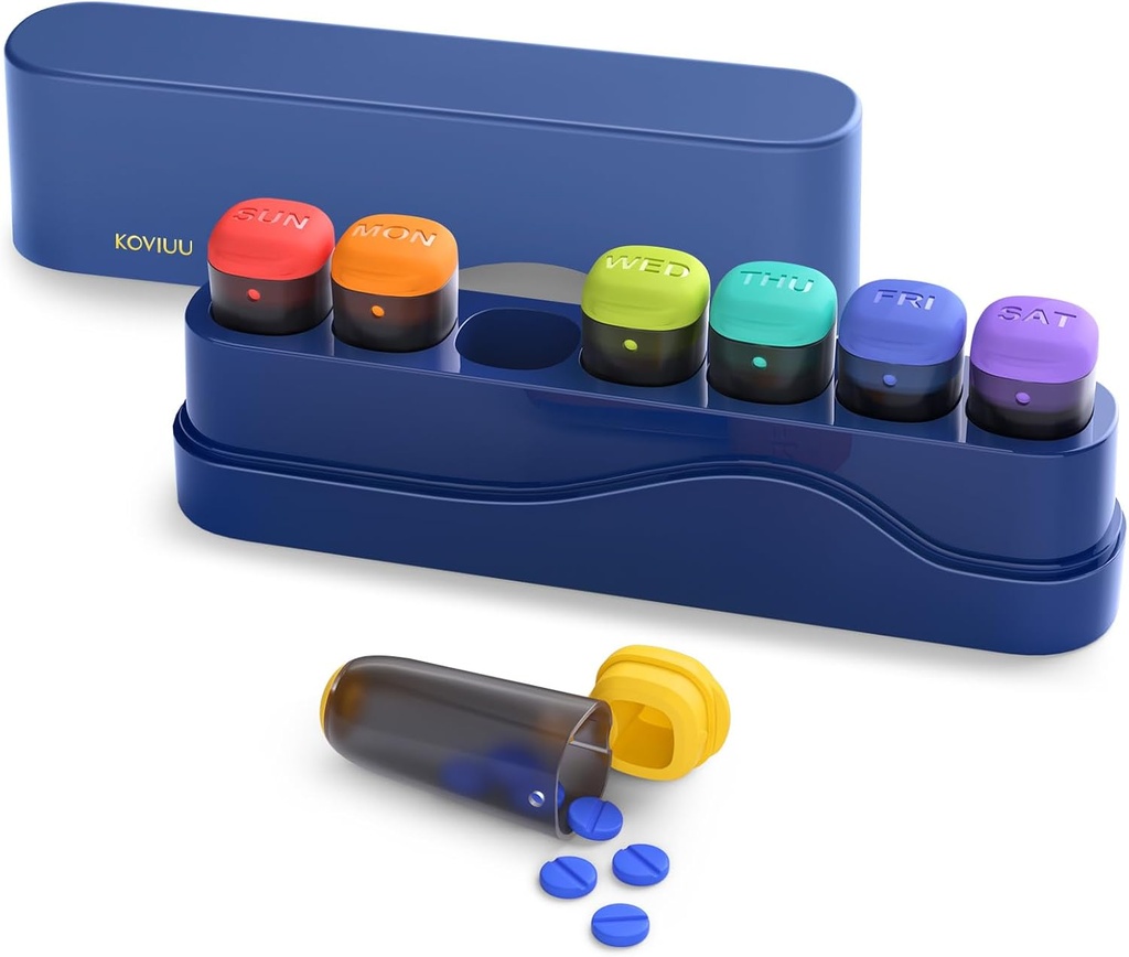 Weekly Pill Organizer 1 gång om dagen, KOVIU Removable Pill Box 7 Day, Portable Travel Pill Case, Once Daily Medication Container Holder, Week Pillbox Dispenser for Vitamin Medicine Supplement, Blue