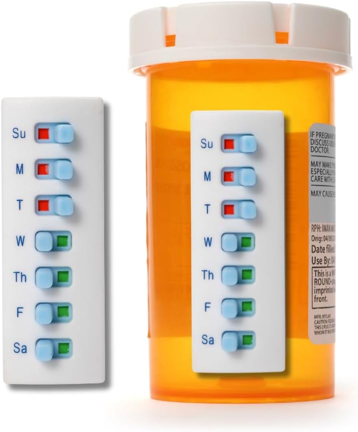 Peel och Stick Reusable för 12 + Refills, Pill/Medication/Vitamin/Pet Med Tracker & Reminder, Attach to Your Bottle, Organizer-Free, Curved-Back (White, 2-Pack)