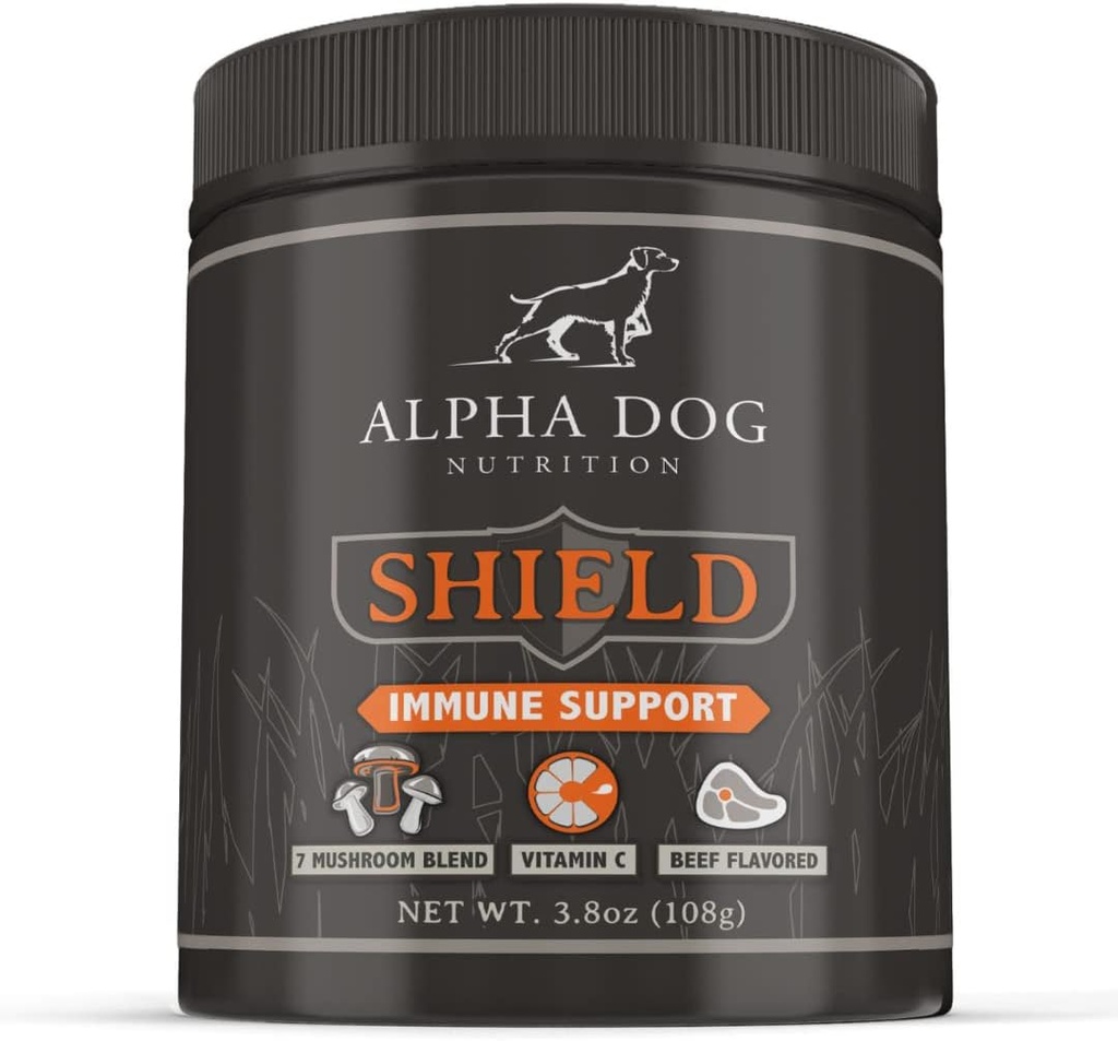 Shield Allergy Immune Support Supplement för hundar av Alpha Dog Nutrition - 7 Nutritional Mushroom Powder Complex + Vitamin C för att öka immunitet - Upp till 120 portioner för små ras hundar, 108 g