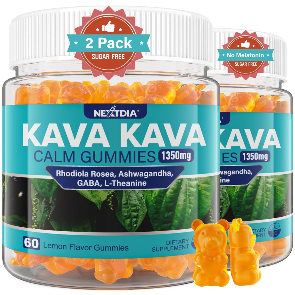 Kava Kava Gummies, Sugar Free Calm Gummies w/Rhodiola Rosea, Ashwagandha, L-Theanine, GABA, Melatonin-Free Kava Blend för avkoppling, lugn och fokus - Alternativ till Kava Powder Capsules, Vegan 120 Ct