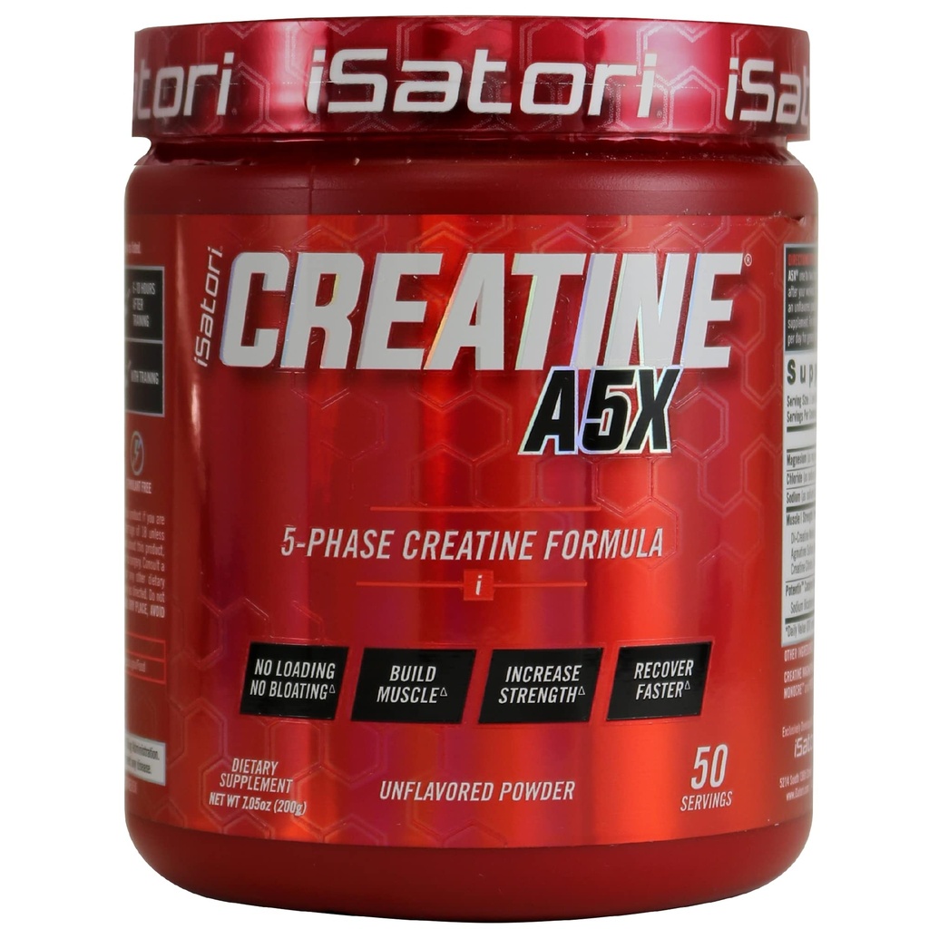 iSatori Creatine A5X med kreatinmonohydrat & Betaine Anhydrous för muskeltillväxt, styrkabyggnad och återhämtning - Kosttillskott för träning och viktlyftning - Osmakad (50 portioner)