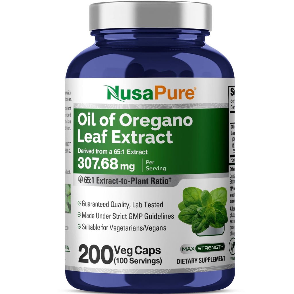 NusaPure Oregano Oil Extract 20000mg | 200 Veggie Powder kapslar | Naturligtvis upptar Carvacrol | Non-GMO och Extract 65:1