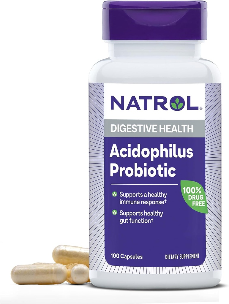 Natrol Acidophilus Probiotic 100 mg, Dietary Supplement for Healthy Gut Function, Digestive Health Capsules for Adults, 100 Capsules, upp till en 33 dagars leverans