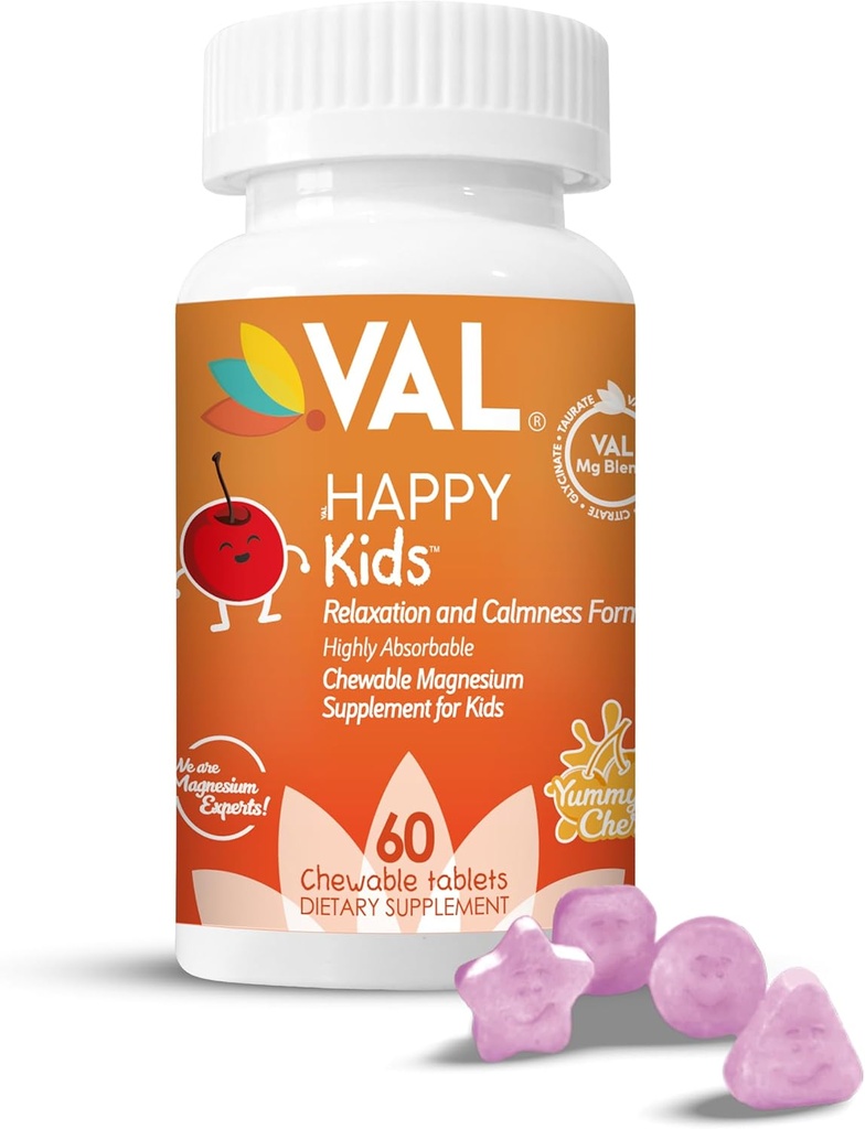 VAL Magnesium för barn | High-Absorption Magnesium för lugn, avkoppling och fokus | Mg Glycinate, Citrate & Taurate | med vitamin B6, D & C | Sugar-Free, Icke-GMO | 60 Chewabletter