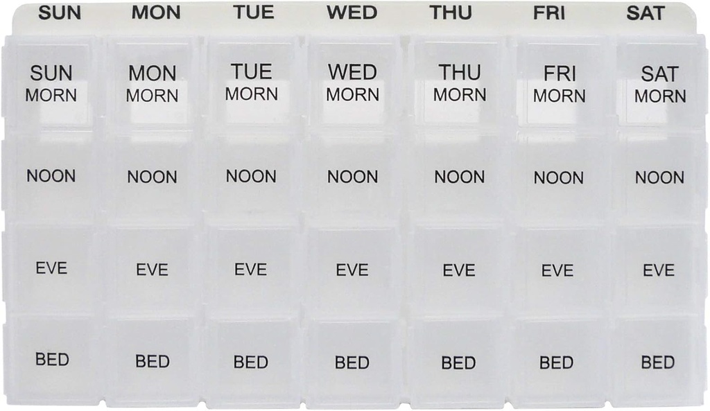 ProMed Weekly 4 Times Daily 7 Day Pill Organizer för medicinering, vitaminer och kosttillskott | Ergonomisk Pill Case med flyttbara Clear Compartments | BPA-Free & Medical-Grade Plastic