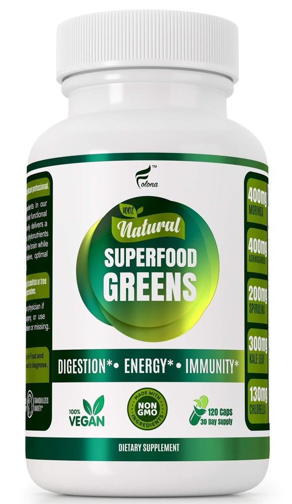 Organic Vegan Super Greens Capsules med Ashwagandha - Immune Support med alla naturliga hela mat näringsämnen Chlorella, Moringa, Spirulina, Turmeric, Kale. Förbättra matsmältningen, öka energi - Detox Pills
