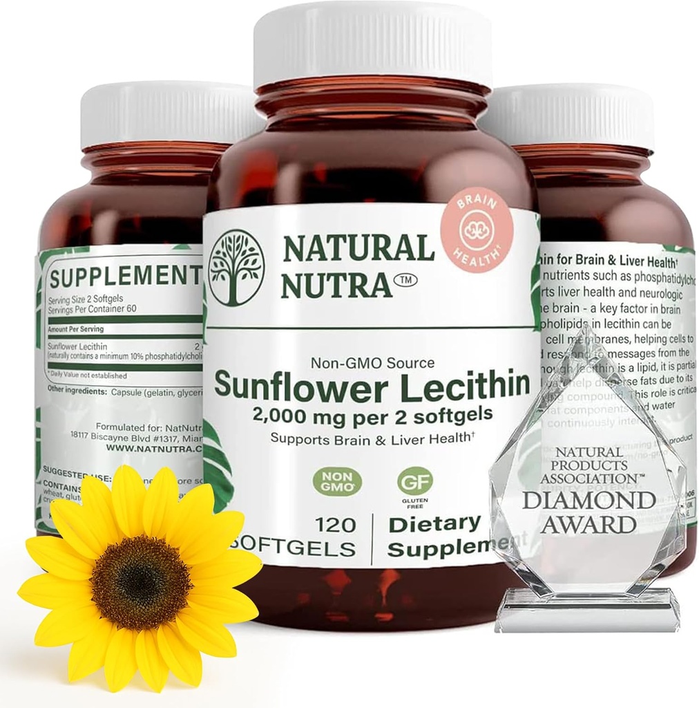 Natural Nutra Sunflower Lecithin 2000 mg Tillägg, stöder amning mamma med ansluten mjölk Duct Relief, Lever & Brain Health Booster, Soy Free, Non-GMO, Gluten-Free, 120 Softgels (3 Pack)