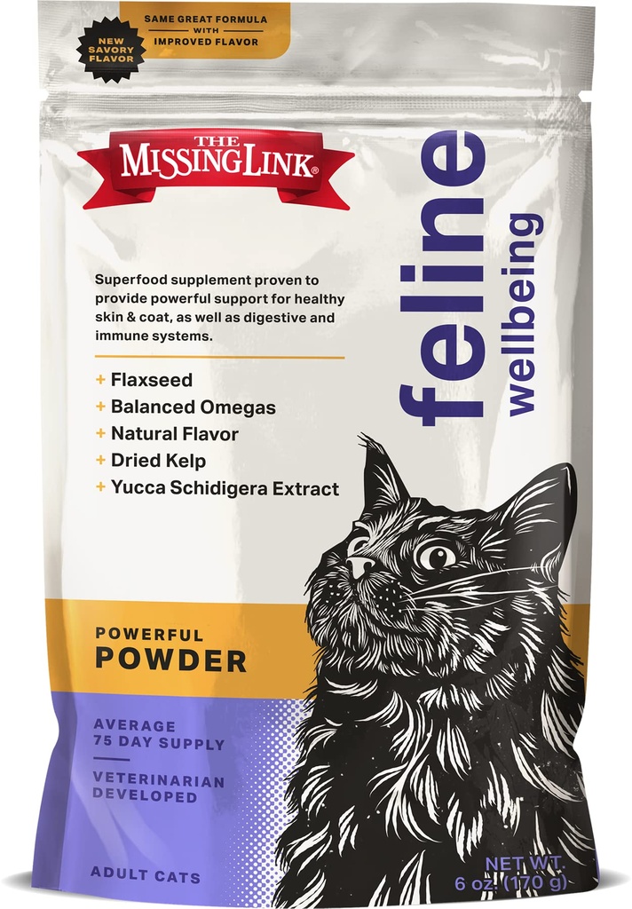 Den saknade Link Feline Superfood Supplement Powder 6oz Bag, Veterinär Formulerad, Balanserad Omega 3 & 6 för Hälsosam hud & Coat, Digestion, Immunity & Total Cat Health