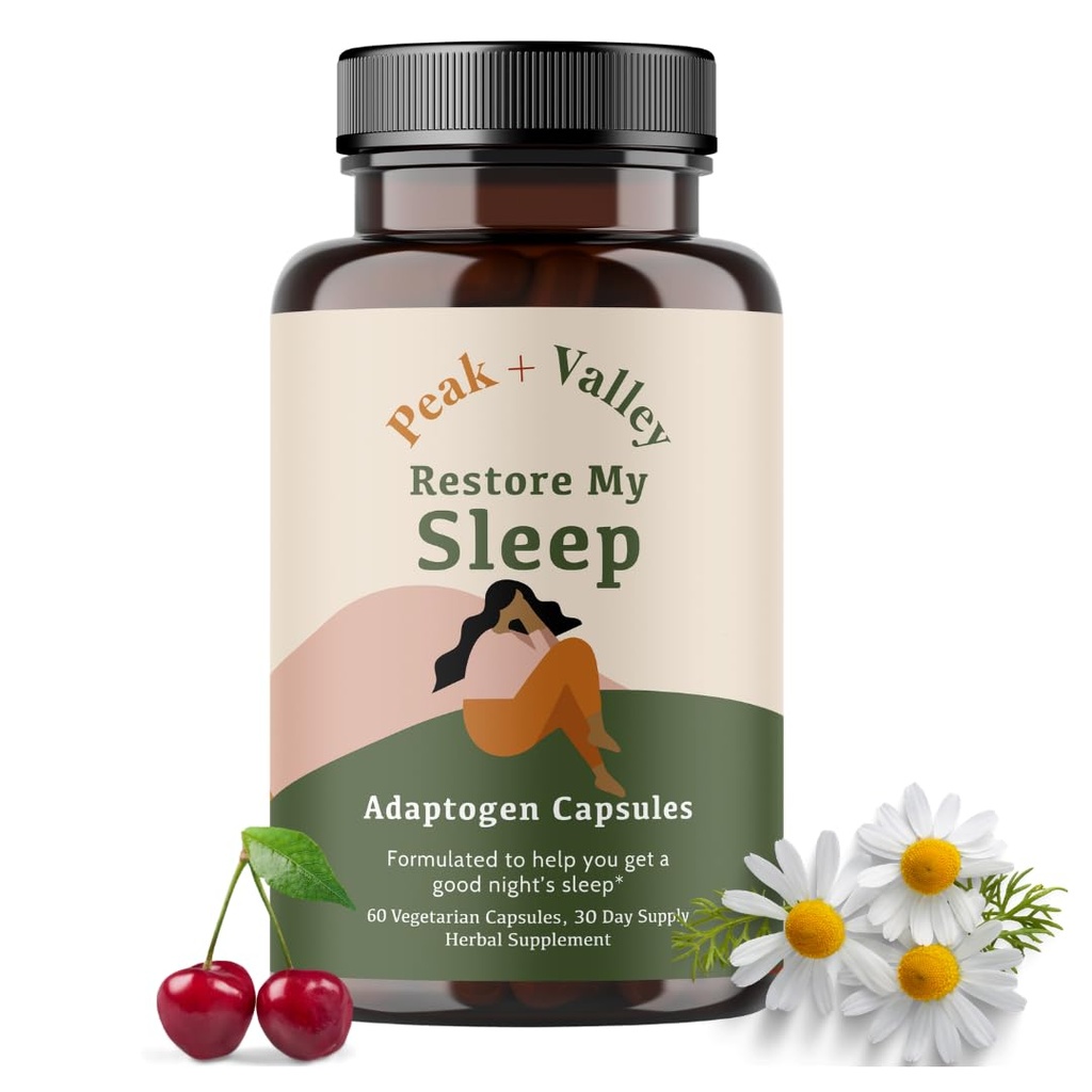 Peak + Valley Natural Sleep Aid för vuxna - 60 kapslar för djup sömn - 3 mg Melatonin, L Theanine, Chamomile, Ashwagandha - naturliga växtbaserade sömnpiller - extra styrka lugnande sömnhjälp