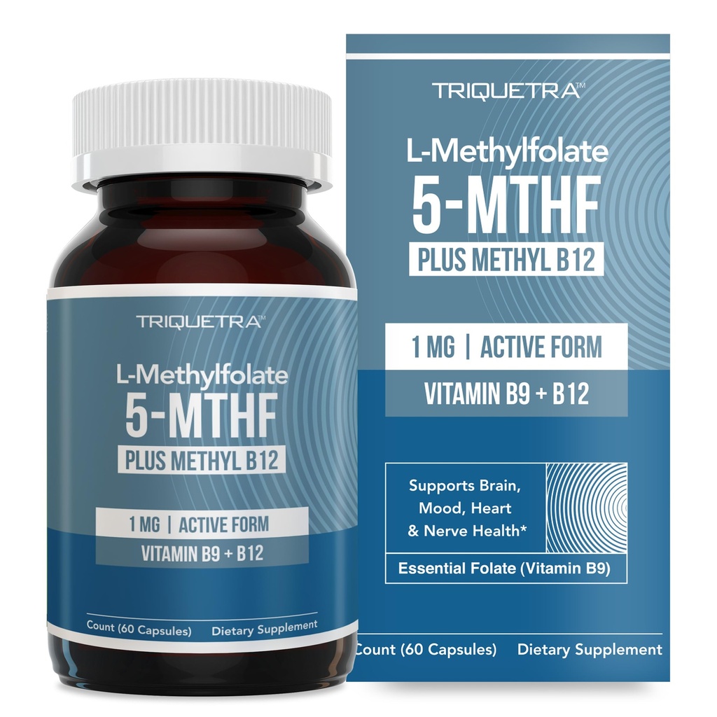 L Methyl Folate 1000 mcg Plus Methyl B12 Cofactor - Aktiv 5-MTHF Form - Stöder humör, metylering, kognition - Mycket biotillgängliga bioaktiva former av vitamin B9 & B12 (60 kapslar - 60 portioner)