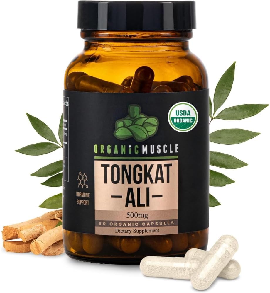 Organic Muscle Tongkat Ali för män, 500mg - Pure & Potent USDA Eurycoma Longifolia Root Supplement 60 Count - Wild Grown Men's Health Hormone Support för manlig prestanda, Drive & Energizer