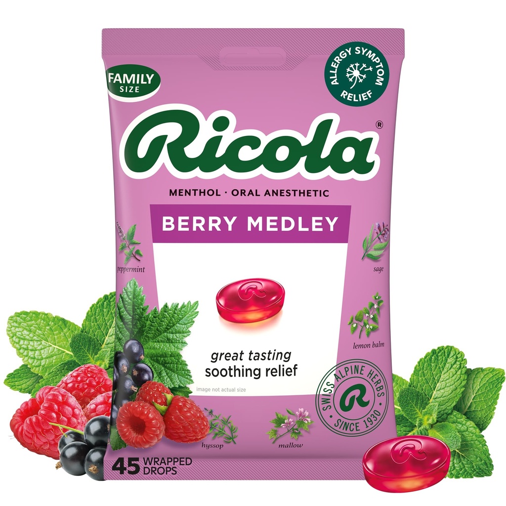 Ricola Berry Medley Throat Drops, 45 Count, Delicious Throat Relief & Care, Oral Anesthetic, Naturligt smaksatt