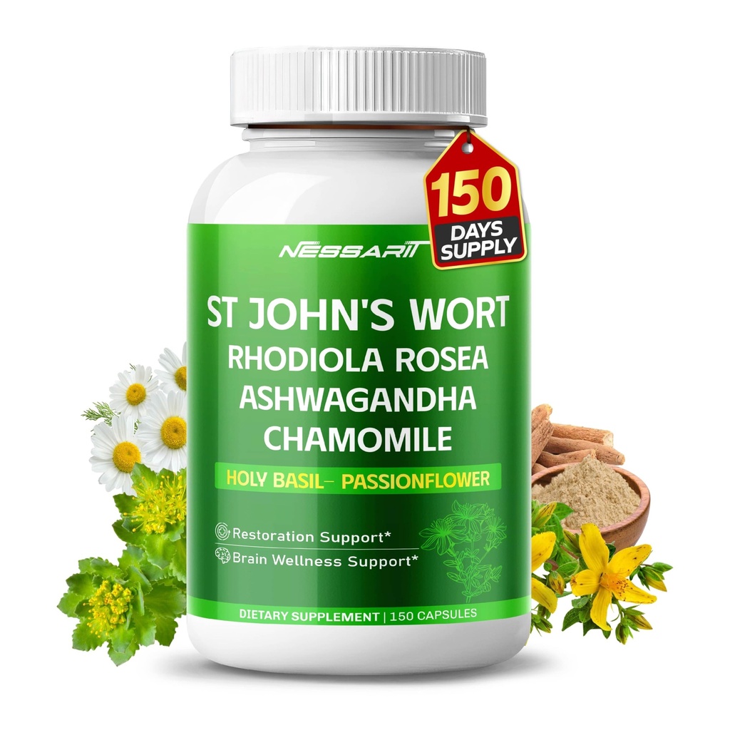 ST John's Wort 14-in-1 Natural Blend med Rhodiola Ashwagandha Chamomile Holy Basil L-Theanine Valerian Passionflower - 150 Count - Made & Tested i USA