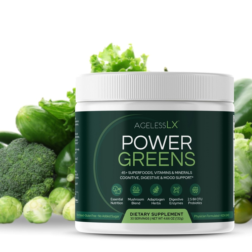 AgelessLX Power Greens, 42 Superfoods med probiotika, enzymer och prebiotisk fiber för förbättrad energi, immunitet och matsmältningshälsa, 30 portioner