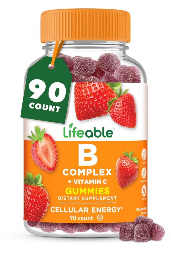 Livlig vitamin B Komplex Gummies för vuxna | med vitamin C | Stor smak vitamin B Gummies | för energi och nervsystem | Vegan B Komplex vitaminer för kvinnor, män | 90 Gummies