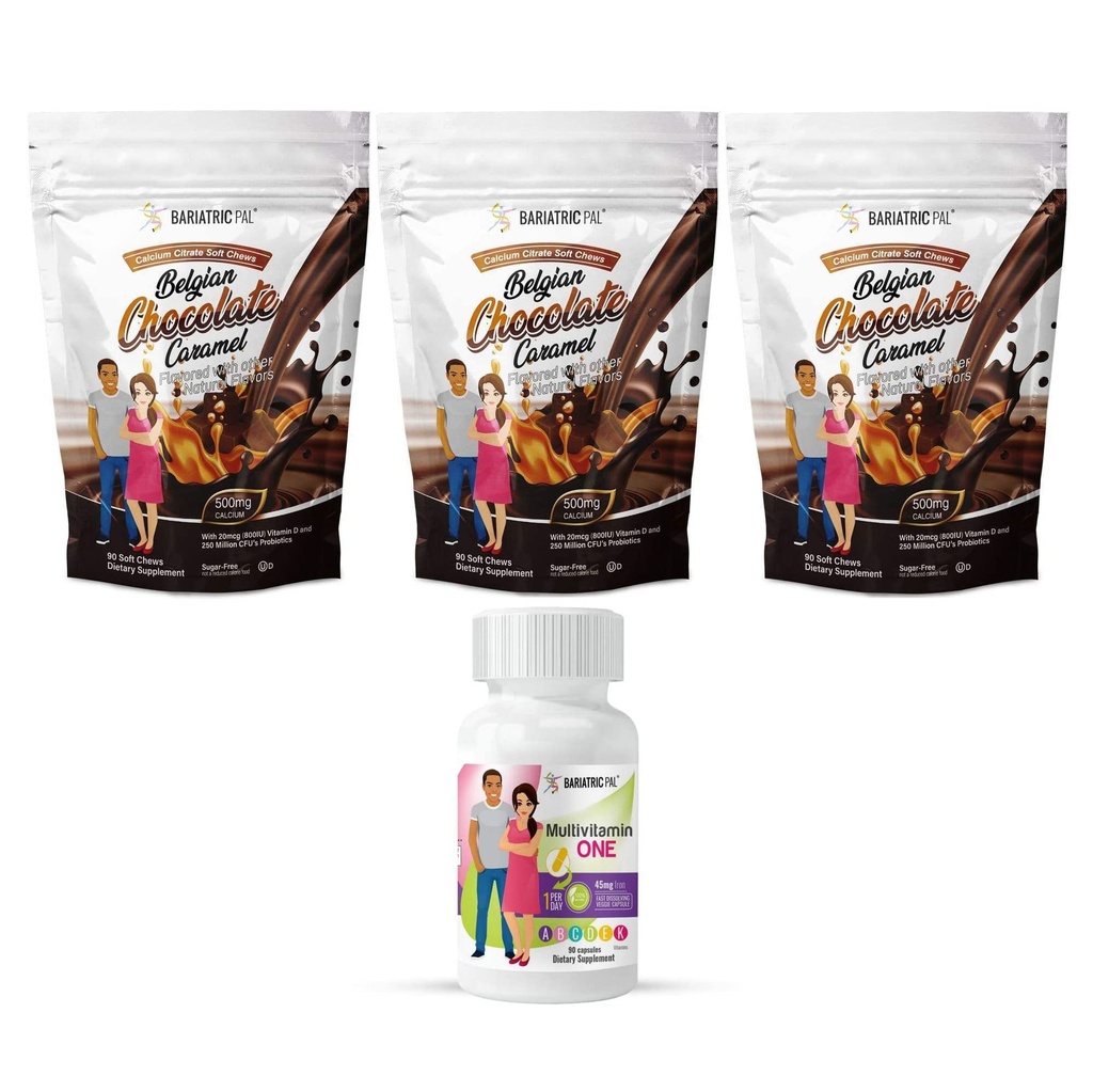 BariatricPal 90-dagars bariatrisk vitamin Bundle (Multivitamin EN 1 per dag! Kapsel med 45 mg järn och kalciumcitrat mjuka chews 500mg med probiotika - belgisk chokladkaramell)