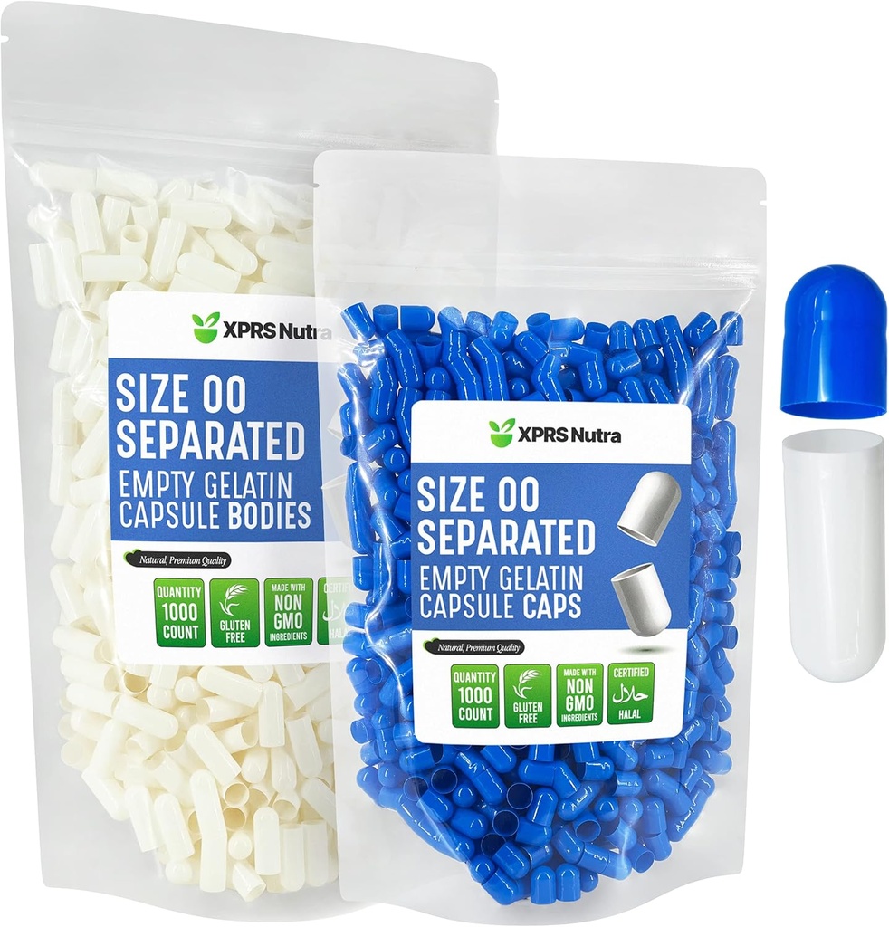 XPRS Nutra Separated Capsules Size 00-1000 Count Empty Gelatin Capsules Separated in Bags - Premium Empty 00 Pills för DIY Supplement Filling (Blå / Vit)