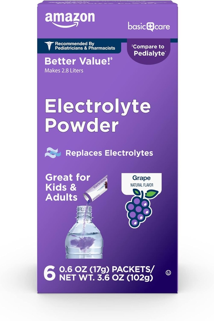 Grundläggande vård Electrolyte Powder Packets för rehydrering för barn & vuxna, druvsmak, 6 greve (Pack av 1)