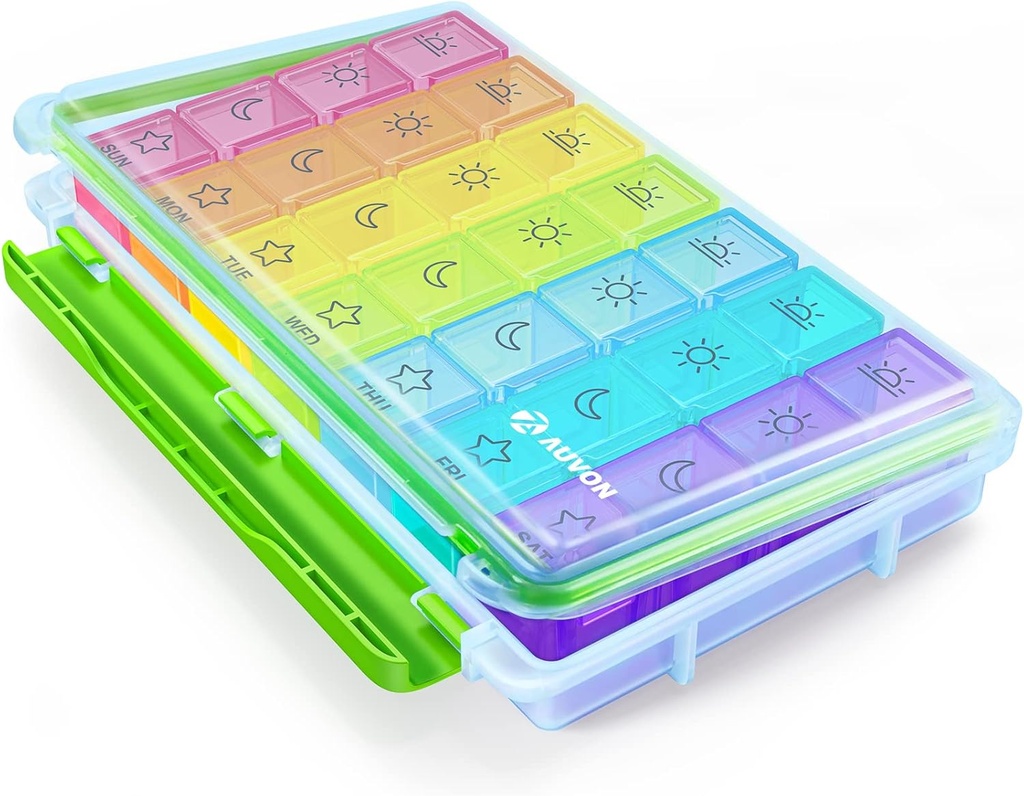AUVON iMedassist Moisture-Proof Weekly Pill Organizer 4 gånger om dagen, Large 7 Day Pill Box Portable för resor med flyttbara individuella pillerbehållare för att hålla vitaminer, tillägg och medicinering