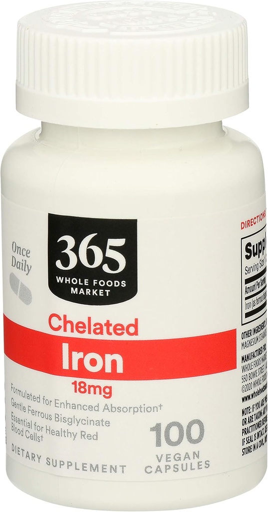 365 av Whole Foods Market, Iron Chelated 18Mg, 100 Veg Capsules (Pack of 2)