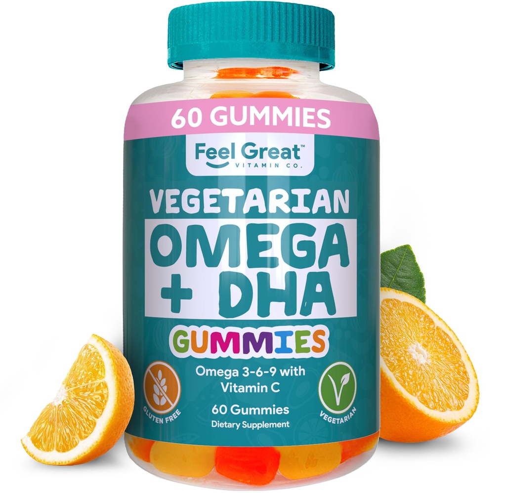 Känn Great Omega & DHA Gummies för vuxna Plant Based Omega 3 Fish Oil Alternative | Vegetarian | Vitamin C, Chia och Omega3, Stöder Brain, Immune, Prenatal Functions, (60 greve)