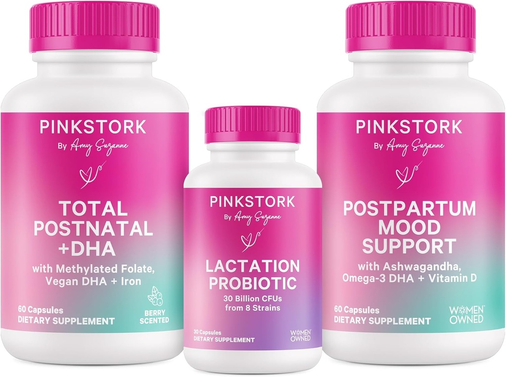 Rosa Stork New Mom Necessities Bundle: Postnatal Vitamin med DHA och Folic Acid, Laktationsprobiotikum för bröstmjölk Supply + Immune Support, Postpartum Mood + Hormonstöd, Postpartum Essentials