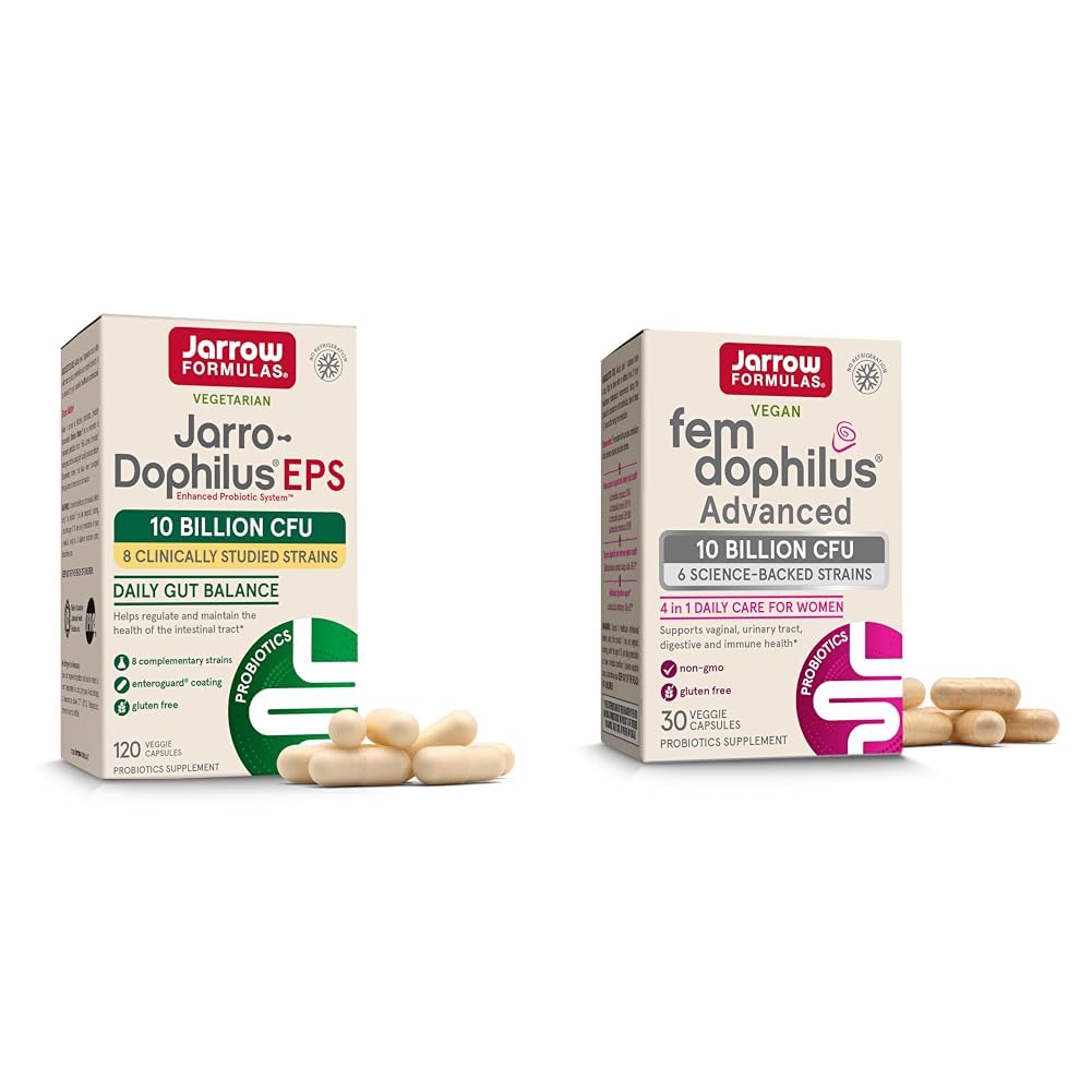 Jarrow Formulas Probiotics Bundle med Jarro-Dophilus EPS 10 miljarder CFU 120 Caps och Fem-Dophilus Avancerad 10 miljarder CFU 30 Caps