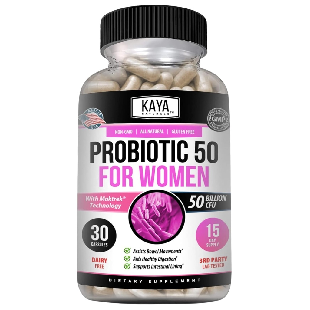 Kaya Naturals Probiotic 50 Billion CFU - Probiotika för kvinnor, Probiotika för män och vuxna, Natural - Gut Health & Immune Support Supplement - Ger Digestive Support - 30 Vegetable Capsules