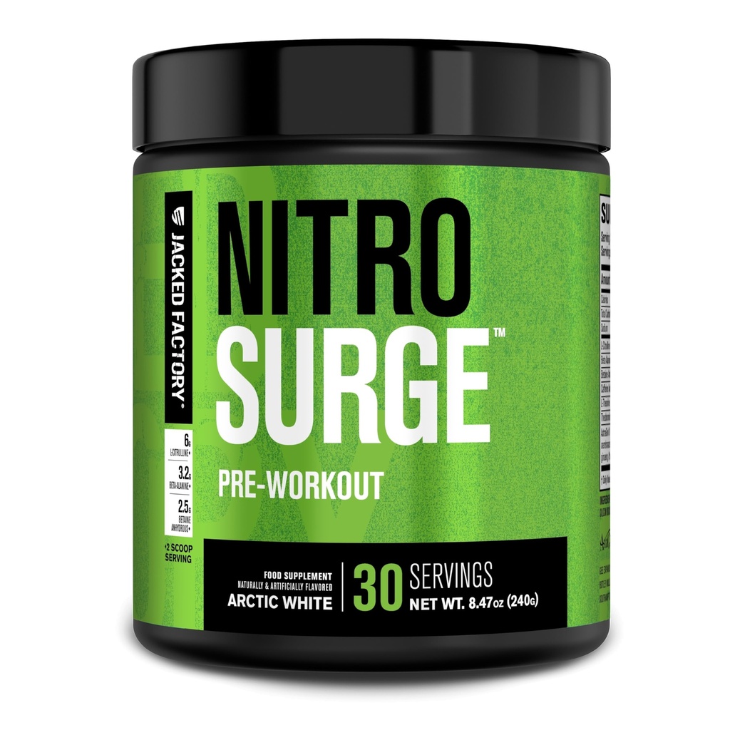Jacked Factory NITROSURGE Pre Workout Supplement - Endless Energy, Instant Strength Gains, Clear Focus, Intense Pumps - NO Booster & Powerful Preworkout Energy Powder - 30 Servings, Arctic White
